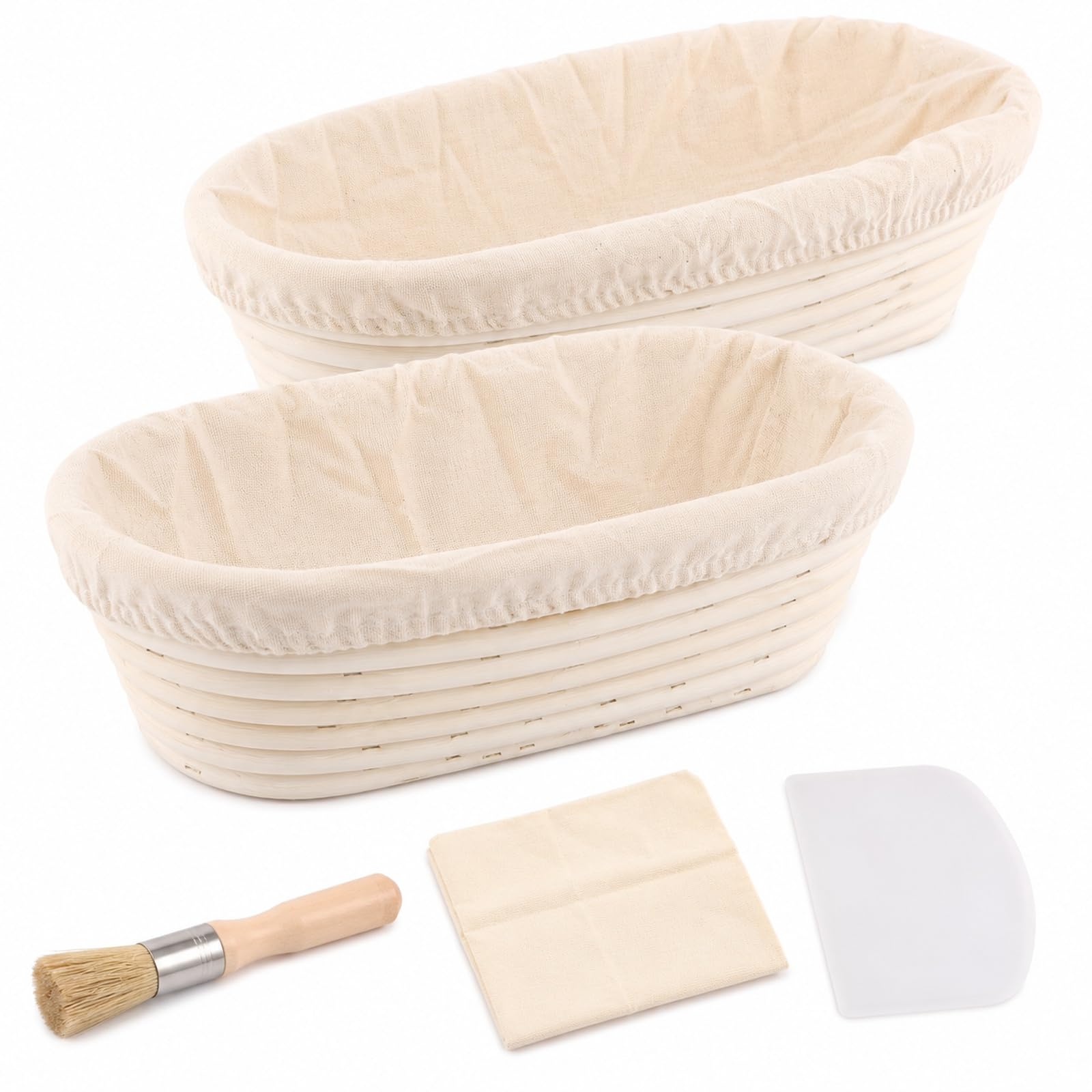 2 cestini ovali per lievitazione, 28 cm, per pane, con spazzola e spatola in plastica, per panettieri professionali e casalinghi, marrone chiaro, rattan naturale