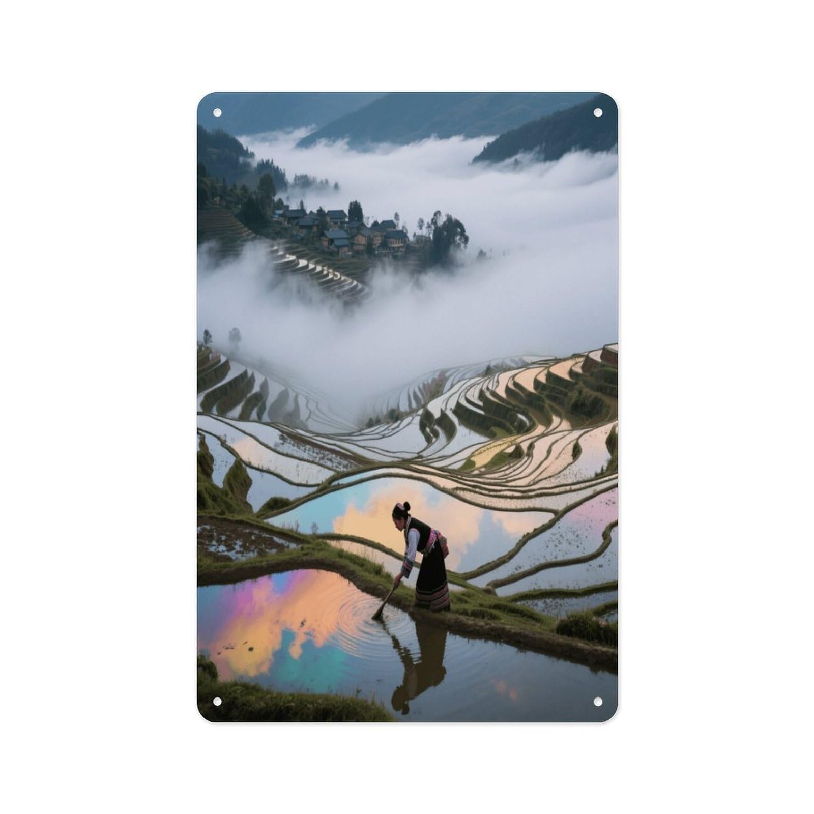 Fekiloot Style Hani Terraces And Sea Of ​​Clouds Wall Decor Metal Signs Tin Signs Poster