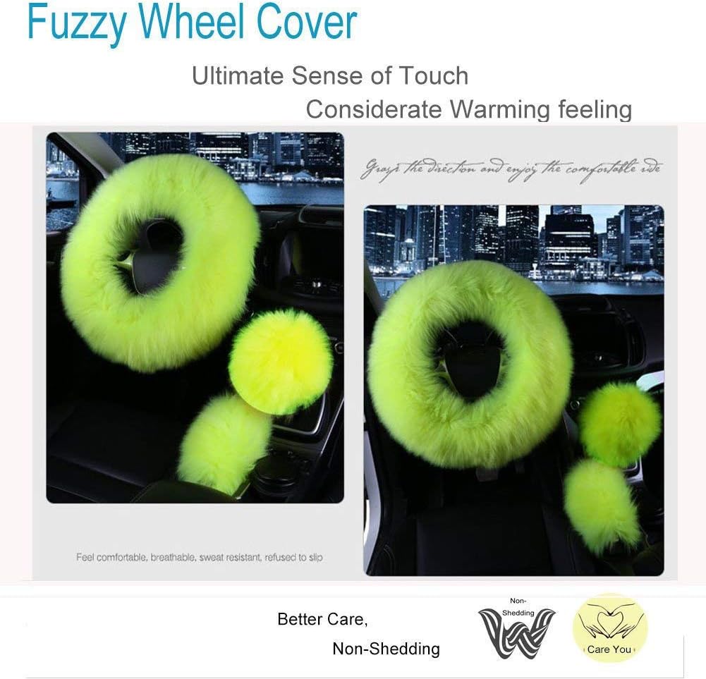 Car Steering Wheel Cover Gear Shift Handbrake Fuzzy Cover 1 Set 3 Pcs Multi-Colored with Winter Warm Pure Wool Fashion for Girl Women Ladies Universal Fit Most Car (Grass Green)