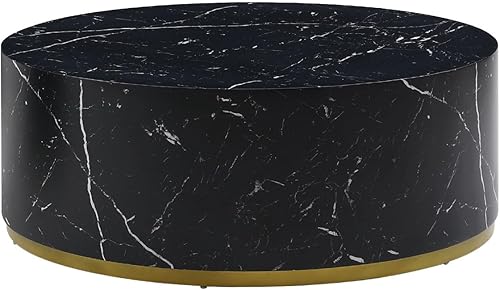 Miniatura 3 de JUSTONE Mesa auxiliar negra de 35.43 pulgadas de ancho con fondo de borde dorado y textura de mármol, mesa auxiliar redonda para sala de estar,
