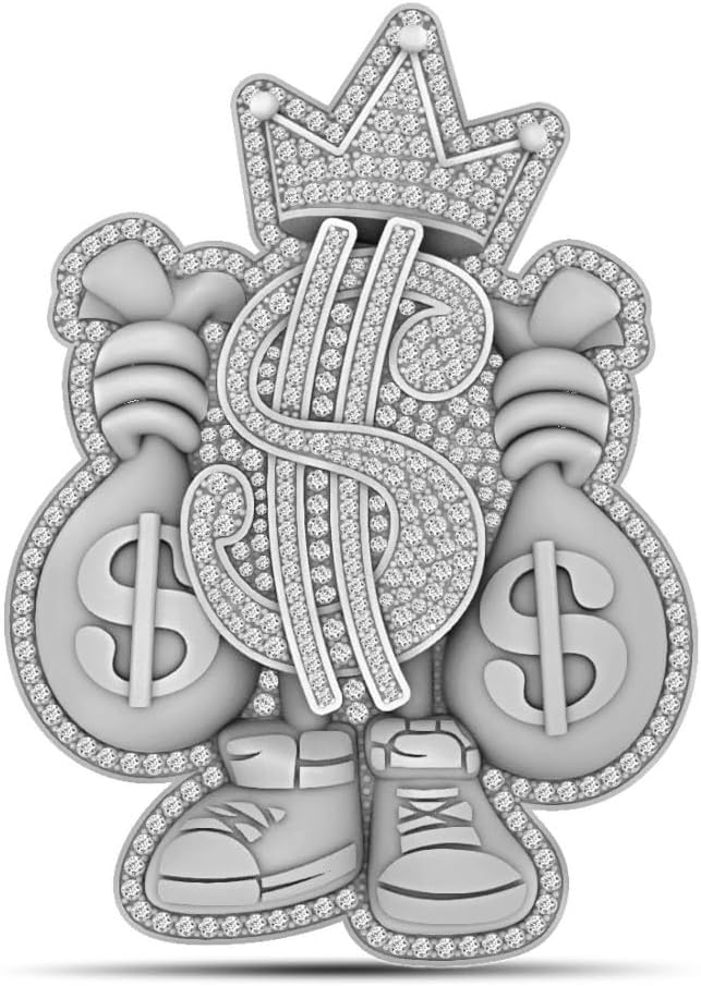 35+ Grams Big 2.75 Inch. VVS1/D 4.79 Ctw. Real Genuine Natural Moissanite Diamonds 14K Solid Gold Finish Crown Face Money Man Holding Dollar Bags Custom Charm Pendant