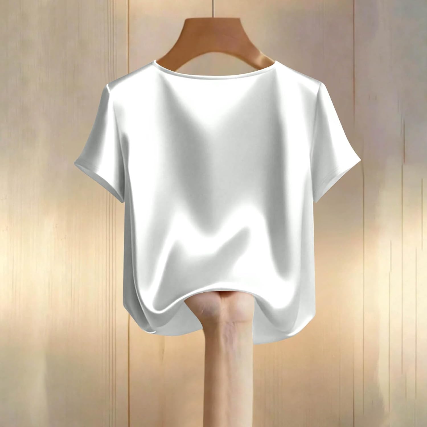 Womens Elegant Pearls Beaded V Neck Short Sleeve Blouse Solid Loose Fit Satin Slik Tops Fashion Summer Outfits