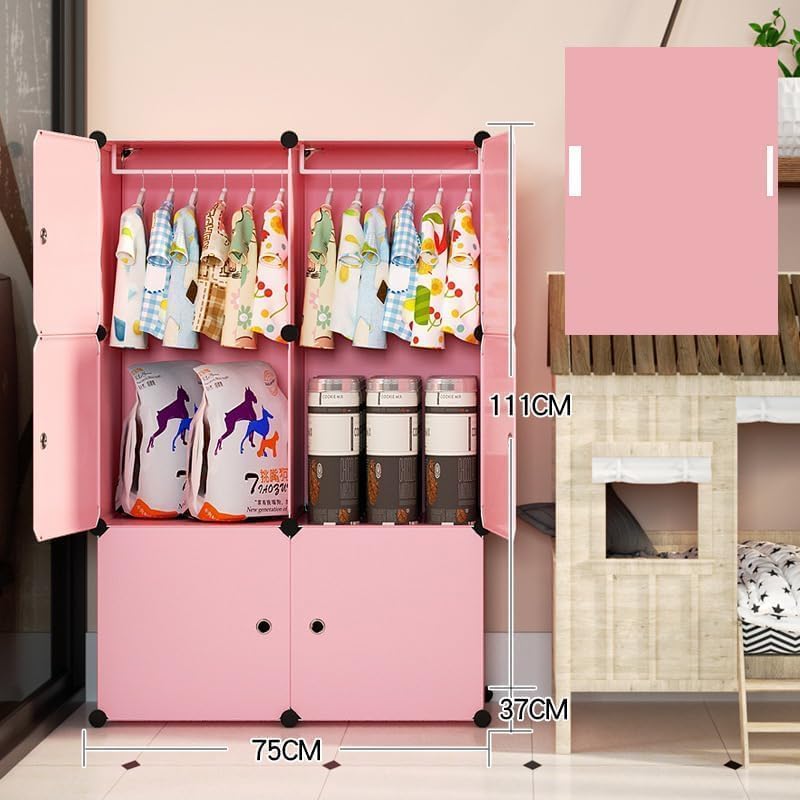 Image of Foldable Plastic Wardrobe for Clothes - Baby Cupboard for Clothes Storage, Wardrobe for Kids, Plastic Almirah, Collapsible Wardrobe for Kids Livingroom & Home (X3-Pink)