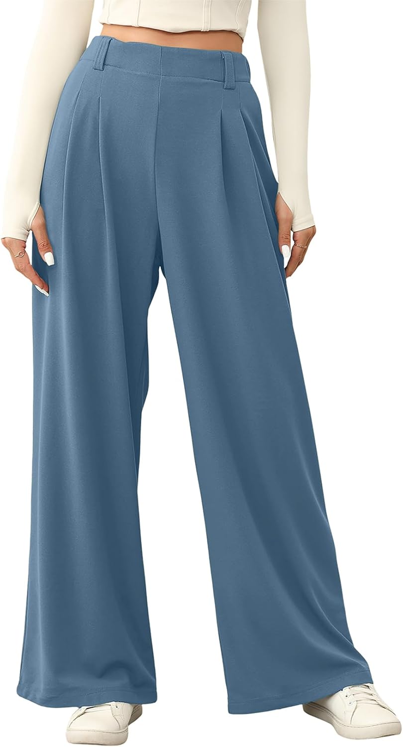 EVALESS Women's Fleece Lined Pants Wide Leg High Waisted Knit Palazzo Pants Business Casual Work Trousers with Pockets