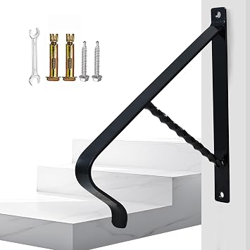 Hand Rails 1-2 Steps Porch Handrails Wrought Iron Handrail Grab Rail Single Post Railing 19.7"X 15.7" Black Stair Railing Bracket Metal Art Wall Mount Rail for Outdoor Step