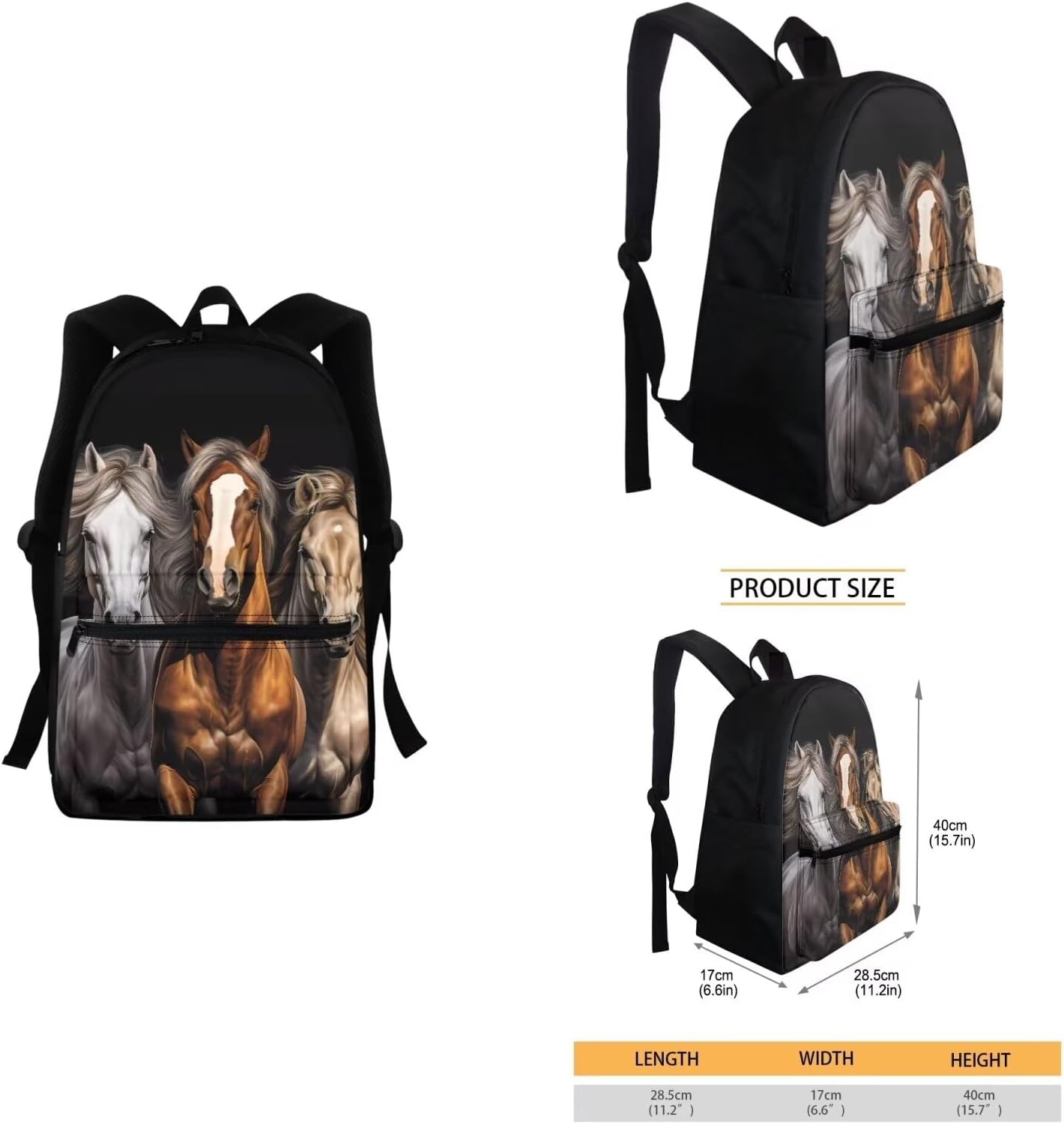 doginthehole Running Horse Backpack for Girls 3 IN 1 School Bookbag Set with Lunch Bag and Pencil Case Black Schoolbags Casual Back Packs Satchel Teens Outdoor Daypack Rucksack