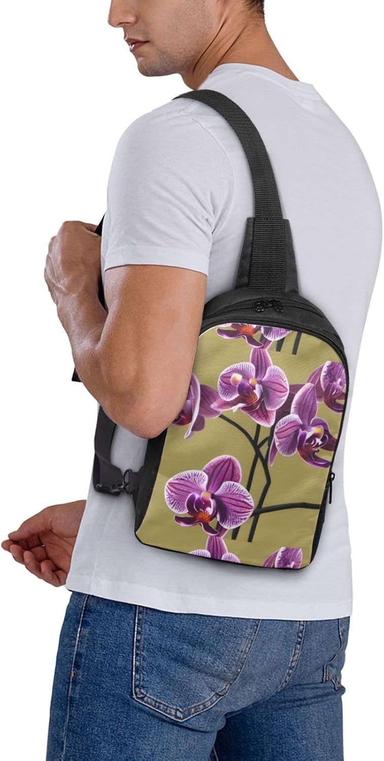 Orchids Adjustable Strap Large Capacity Double Layer Crossbody Chest Bag 7.7x2.4x11.8in For Camping Travel Daily Leisure Activities