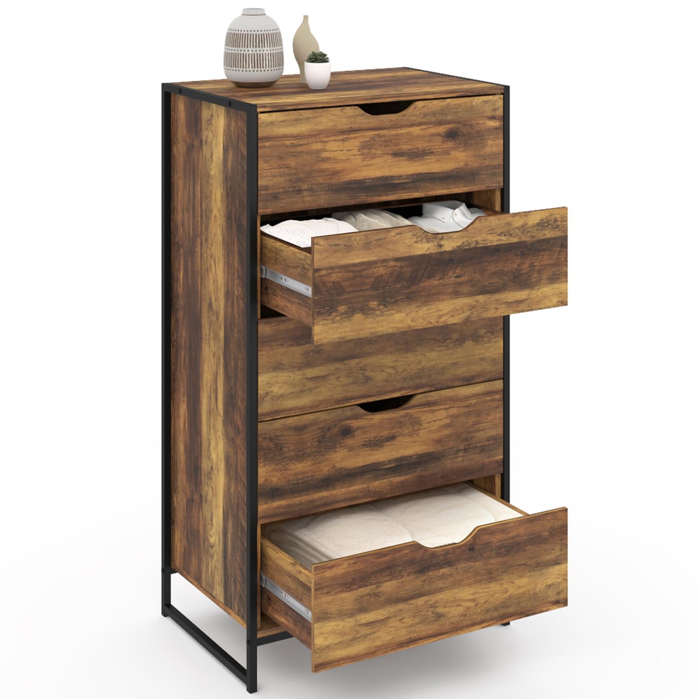 IDMarket - Chiffonnier 5 tiroirs Hawkins 60 cm Commode semainier Bois foncé Design Industriel