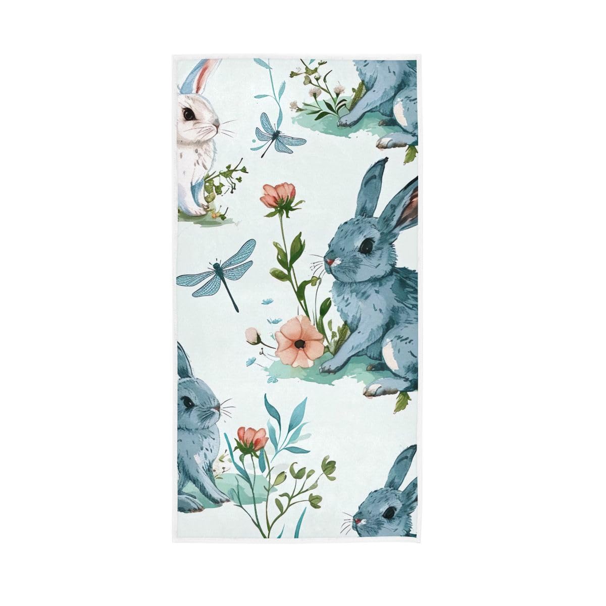 LSRCPD Blue White Rabbits Flowers Hand Towel, Hand Towels Cotton for Hand, Face, Hair, Yoga, Kitchen, Bath 15 x 30 Inches