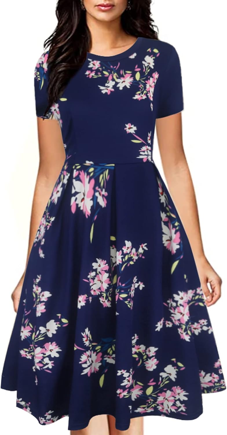 oxiuly Women's Vintage Half Sleeve O-Neck Contrast Casual Pockets Party Swing Dress OX253