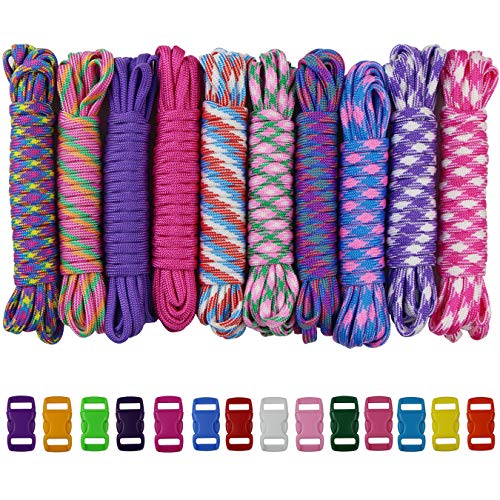 aufodara Kit Paracord 100 Piedi 10 Colori Corda di Paracord con 14 Colore Fibbie in Plastica Paracadute Corda Fai da Te da intrecciare a Mano Braccialetto, Cordino, Collare per Cani (C-24PCS)
