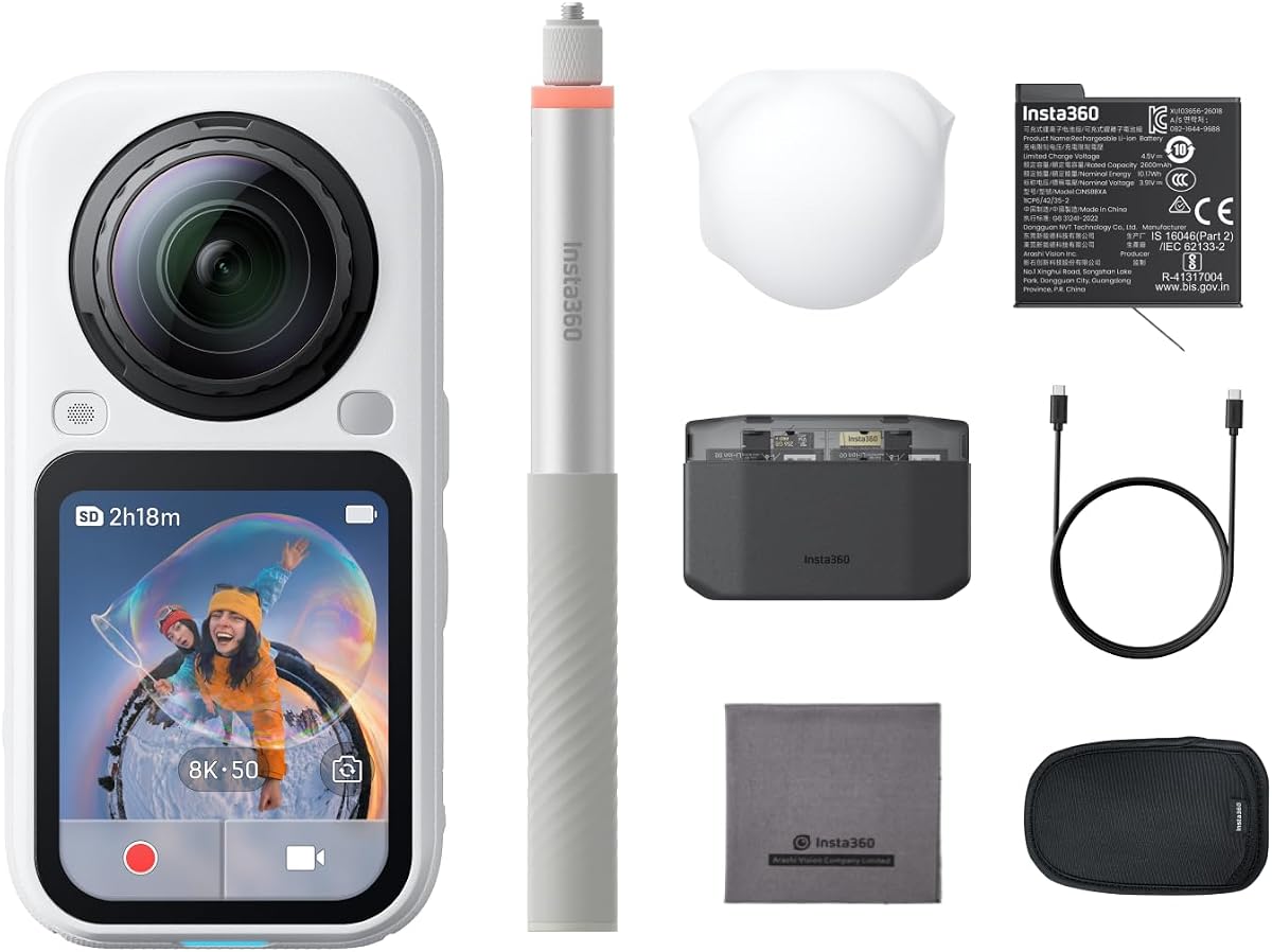 Insta360 X6 Essentials Bundle Blanco - Cámara 8K 360 con sensores de 1/1.1'' | Cámara de acción, sensores duales cuadrados personalizados de 1/1,1", triple chip AI, lente reemplazable 2.0, vídeo 8K de 140 minutos