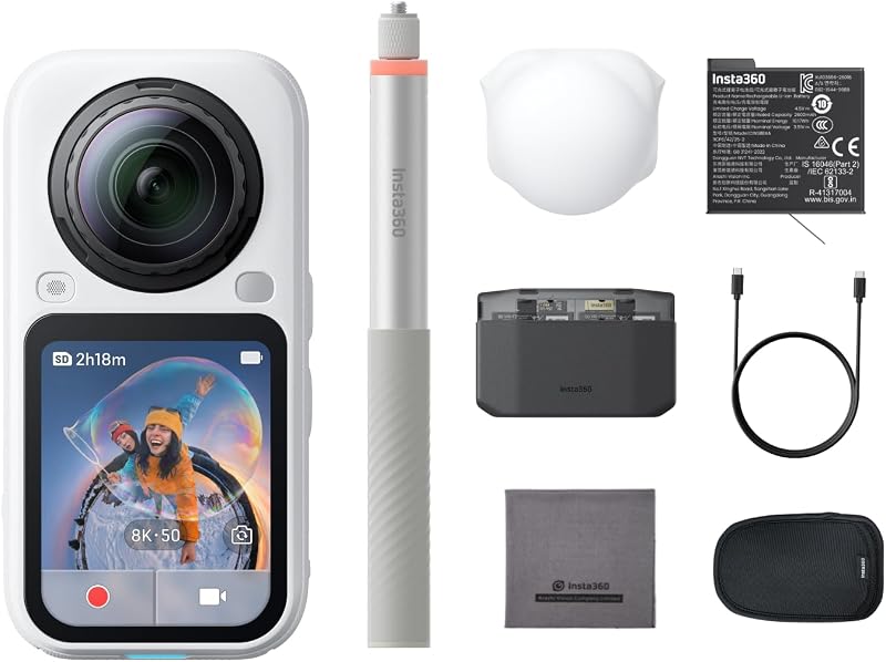 Insta360 X6 Essentials Bundle Blanco - Cámara 8K 360 con sensores de 1/1.1'' | Cámara de acción, sensores duales cuadrados personalizados de 1/1,1", triple chip AI, lente reemplazable 2.0, vídeo 8K de 140 minutos