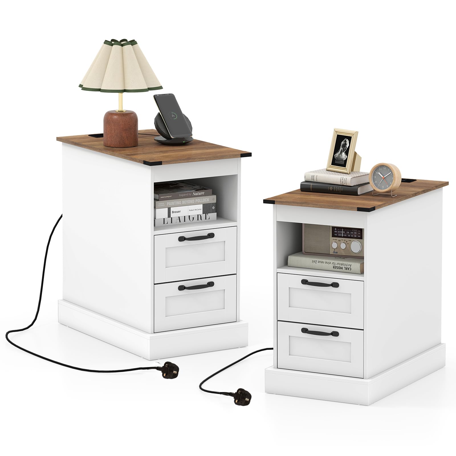 CASART Farmhouse Bedside Table with Charging Station (White+Brown,2)