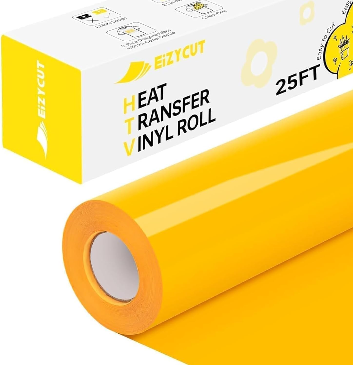 Yellow HTV Heat Transfer Vinyl - Eizycut 12" x 25FT Easy to Cut & Weed Yellow Iron on Vinyl Roll for T Shirts, Fabrics & DIY Projects, HTV Vinyl Compatible with All Cutting Machines