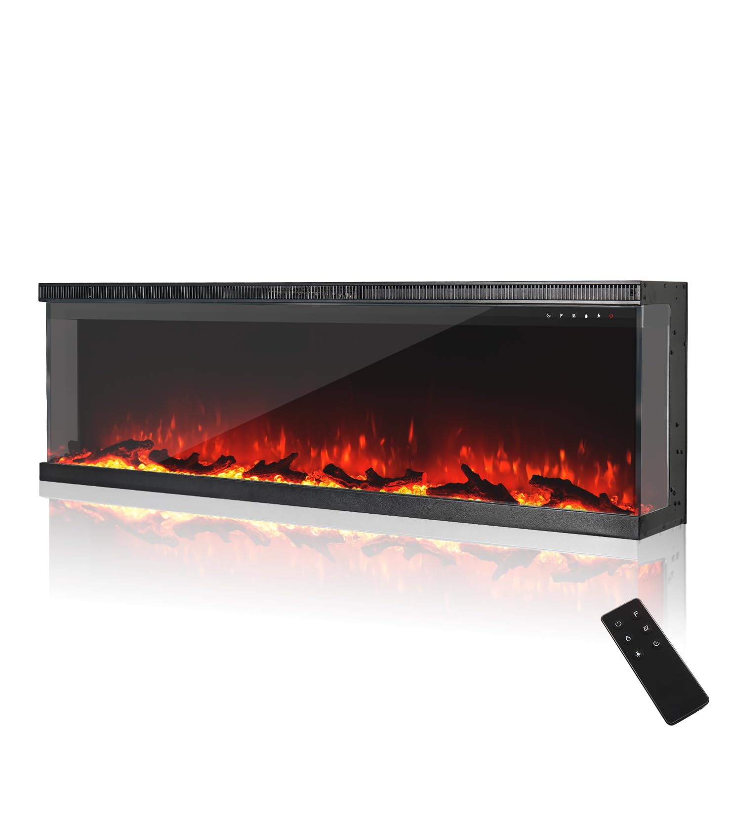 60" Camino elettrico a 3 lati, inserto panoramico in vetro per montaggio a parete con fiamma a 9 colori, riscaldatore a camino indipendente, 900 W/1800 W, Nero