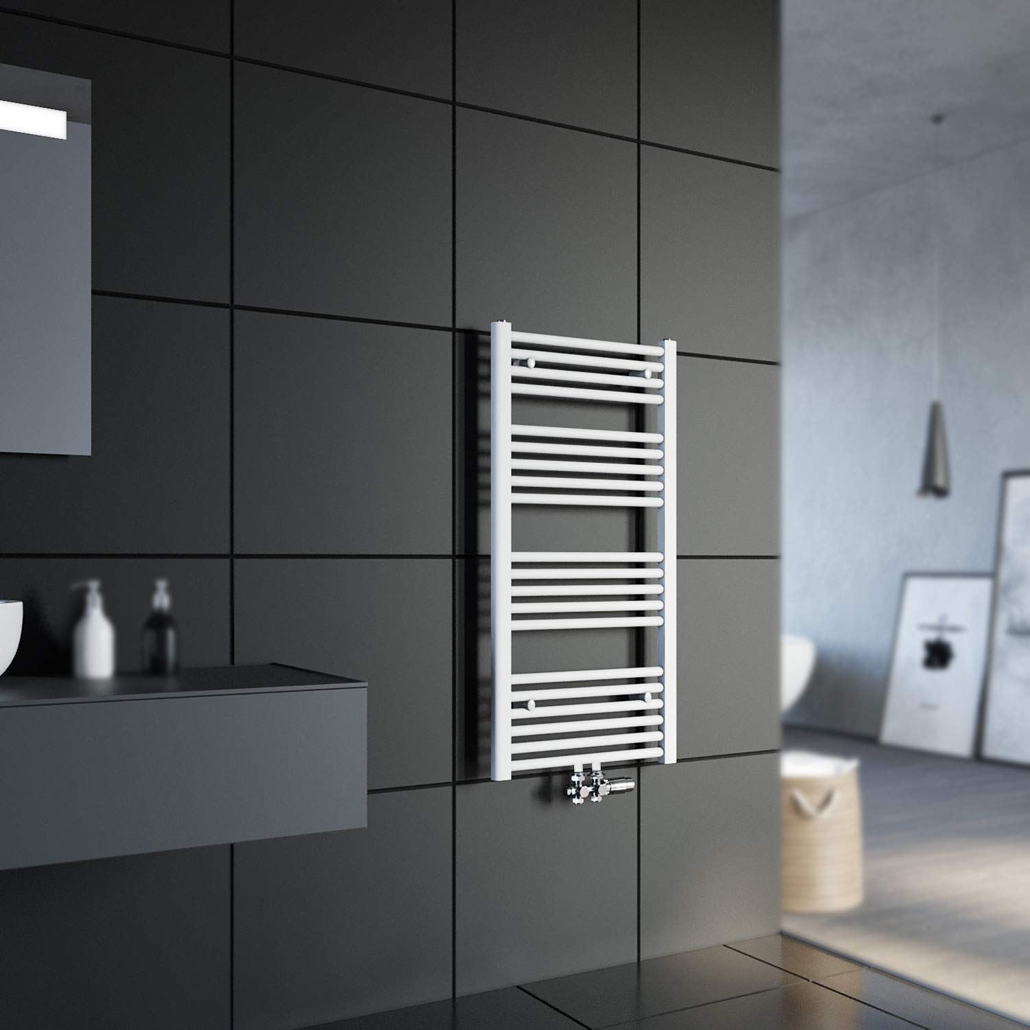 SONNI Grzejnik łazienkowy 1600 x 500 mm suszarka na ręczniki biały 448 W Design ogrzewacz do ręczników, przyłącze środkowe z białym termostatem multiblokowym