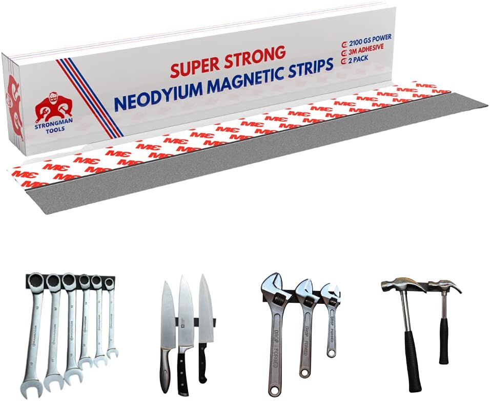 Strongman Tools Magnetic Tape Strips with Adhesive Backing with Neodymium - Flexible Adhesive Magnetic Strips Heavy Duty for Wall, Metal, Whiteboard, Fridge and More - 12x1x0.08in, 2100GS, 2 Pack