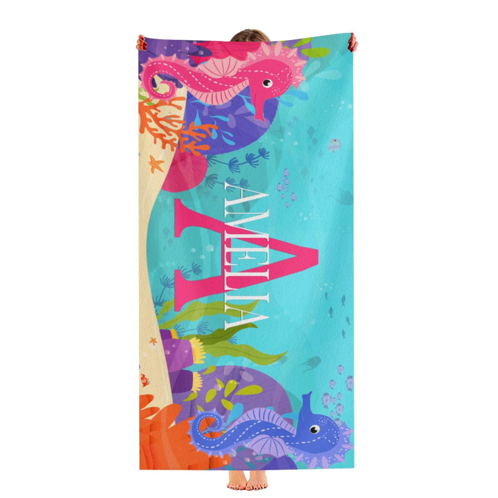 WNNNS Personalized Beach Towels for Kids, Kids Beach Towel with Name for Boys Girls Oversized Quick Dry Sand Free Soft Cotton/Poly Blend Bath Pool Swim Towel for Vacation Customized Summer Travel Gift