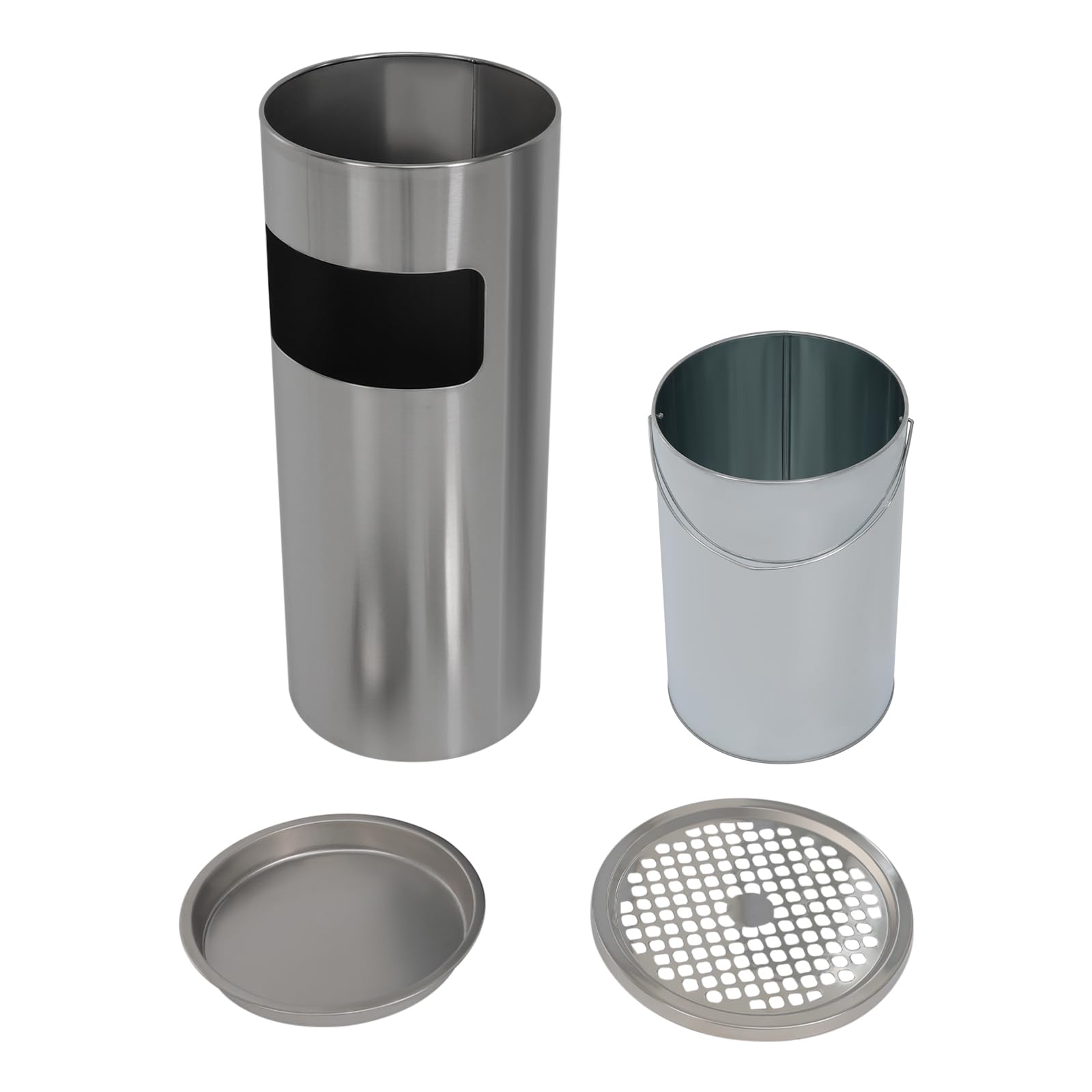 30L Mülleimer, Innen/Außen Edelstahl Mülleimer, mit Standaschenbecher, Edelstahl Standaschenbecher, Aschenbecher Entnehmbarer, für Hotels und Büros, Silber
