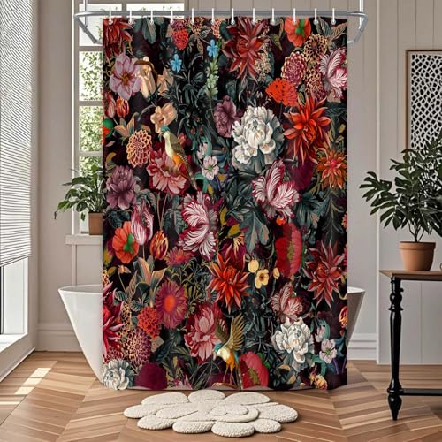Drgilau Floral Shower Curtain, Vintage Floral Shower Curtain Set Rustic Flower Plants Bathroom Curtains, Waterproof Black Boho Bathroom Decor Curtains with 12 Hooks, 47X64 Inch