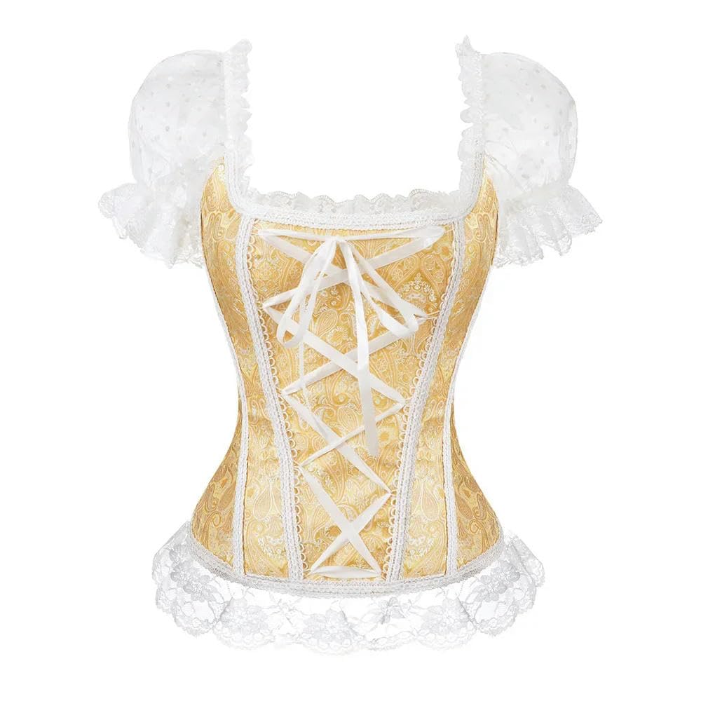 ZBDZSW Bustier Rosa in Pizzo a Maniche Corte con Spalline Overbust Corsetto Vintage in Jacquard con Lacci Bustier Top Body Shapewear