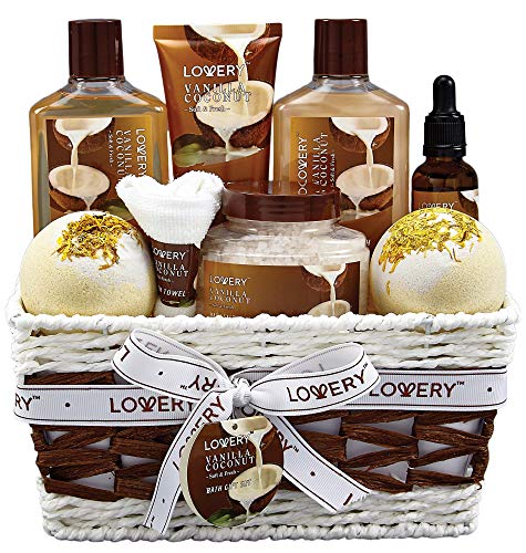 spa gift basket for women in a handmade basket with vanilla coconut products