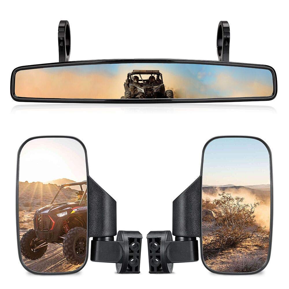 UTV Mirror Set, ISSYAUTO 15 Inch Wide High-Definition UTV Rear View Center Mirror and Rear View Side Mirrors with 1.75-2 Inch Mount Compatible with Polaris RZR or 1.75 Roll Bar
