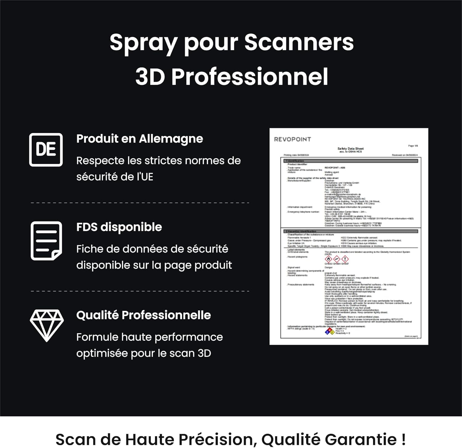 Revopoint 3D Scanning Spray AB-P pour Scanners 3D, pour Surfaces Réfléchissantes, Transparentes, Noires ouTrès Texturées, Semi-Permanent Jusqu'à l'essuyage, 500ml