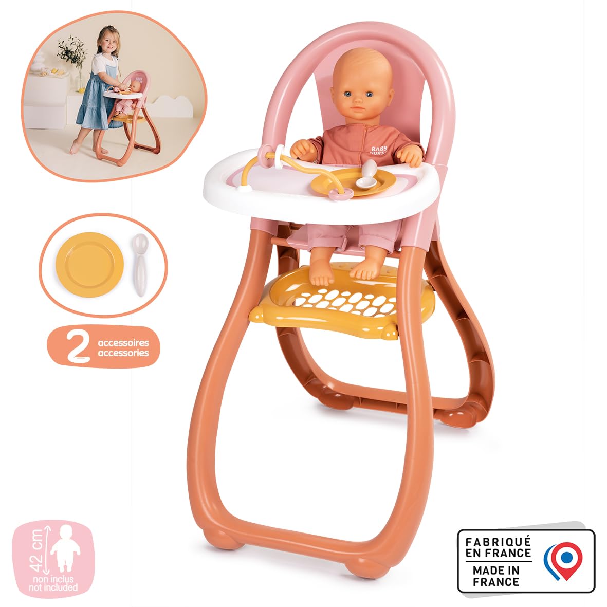 Smoby - Baby Nurse - Chaise Haute - pour Poupon Jusqu'à 42 cms - Accessoires Inclus - A Partir de 18 Mois - Fabrication Française