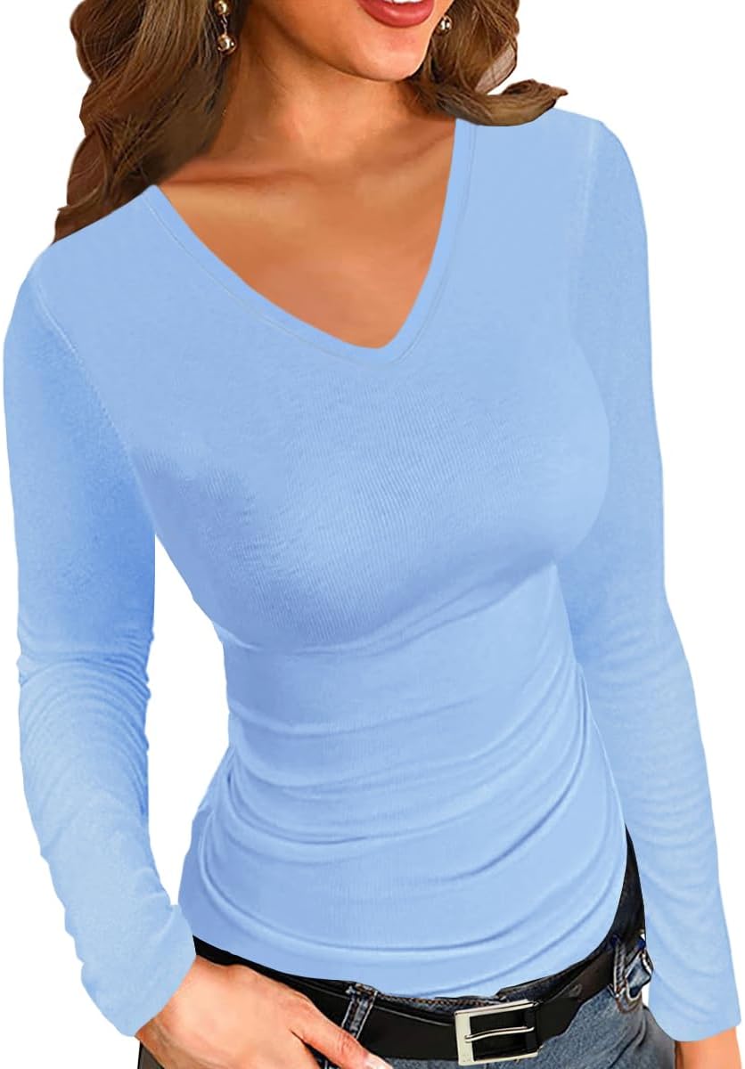 Women Ribbed Long Sleeve V Neck Slim Fit Stretchy Basic T Shirts Tops