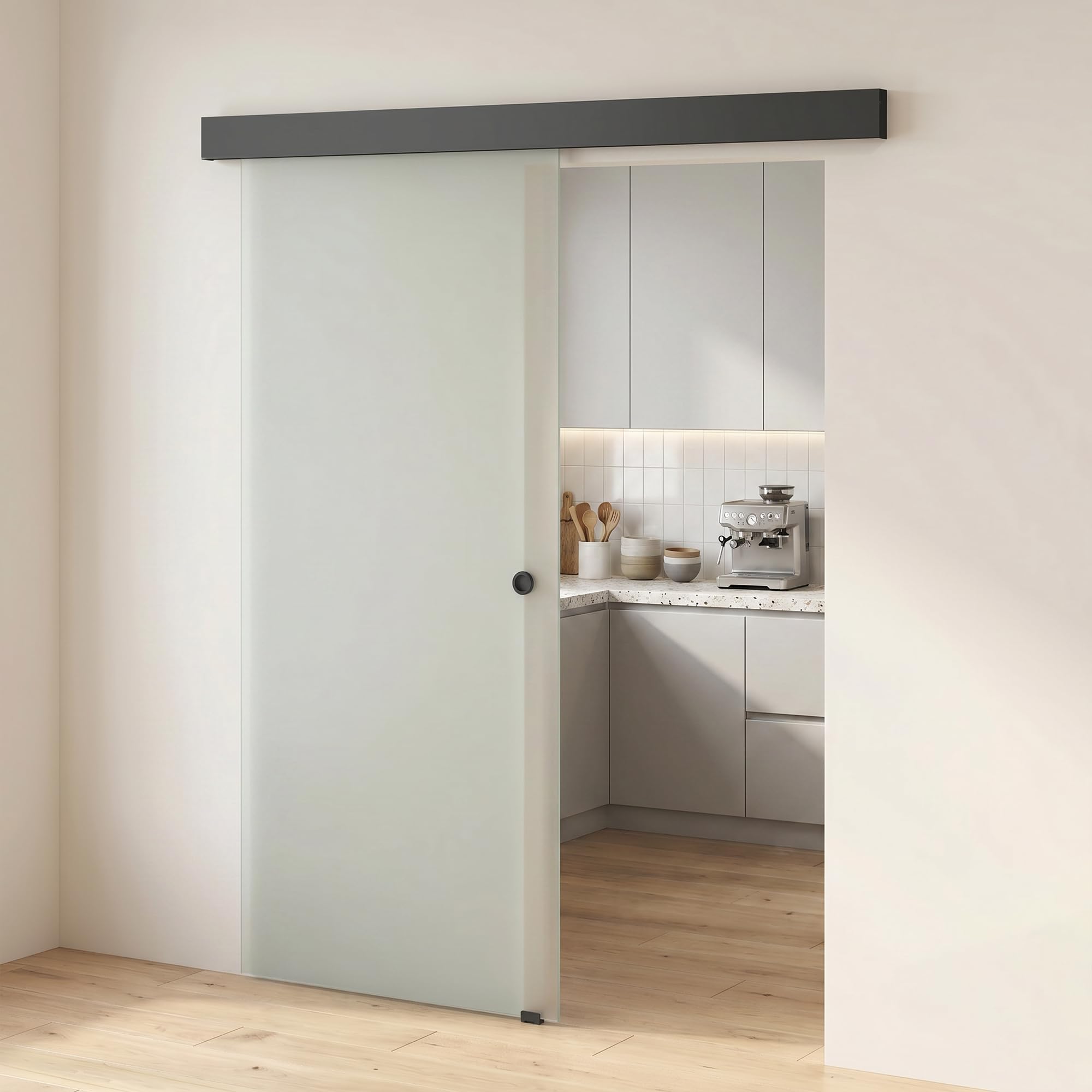 HOMCOM Porta Scorrevole Interna Muro 77.5x205 cm in Vetro Smerigliato, Binario Silenzioso in Lega di Alluminio, Kit Ferramenta, Maniglia, Guida, Porta da Interno in Stile Industriale, Bagno, Ufficio