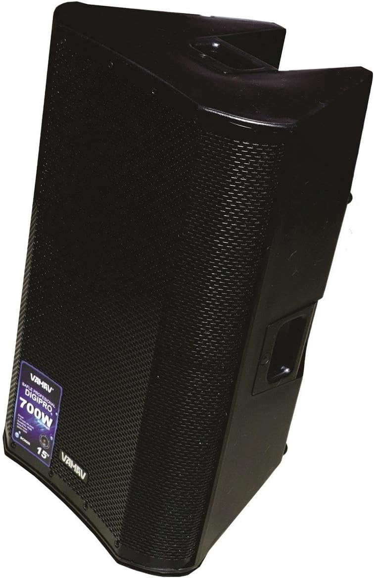 Side view of the vamav DIGIPRO Professional Amplified Speaker, showing the angled cabinet design and integrated handle.
