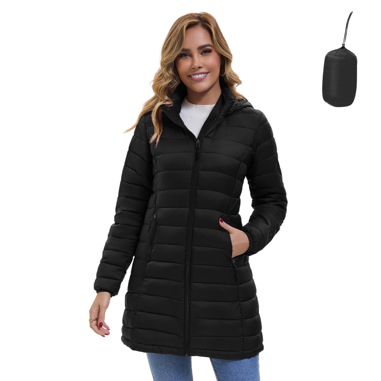 POEMDORA Women Packable Puffer Jacket, Lightweight Winter Puffer Coat with Detachable Hood (Black,XXL)
