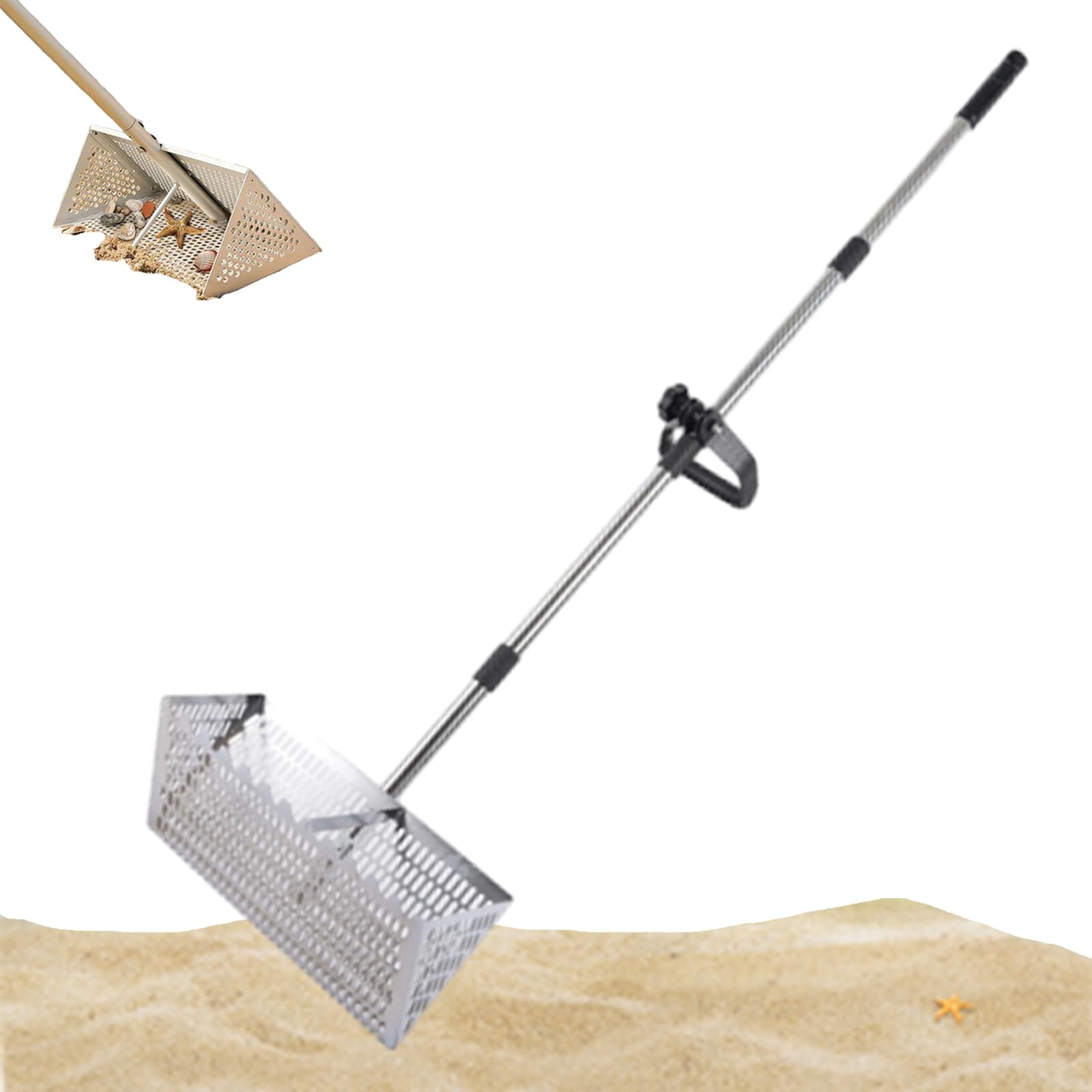 Générique Râteau Tamis de Plage Professionnel - Râteau de Puce de Sable, avec Manche 140 cm - Panier 40x20 cm pour Pêche aux Appâts, Nettoyage Plage et Jeux Enfants