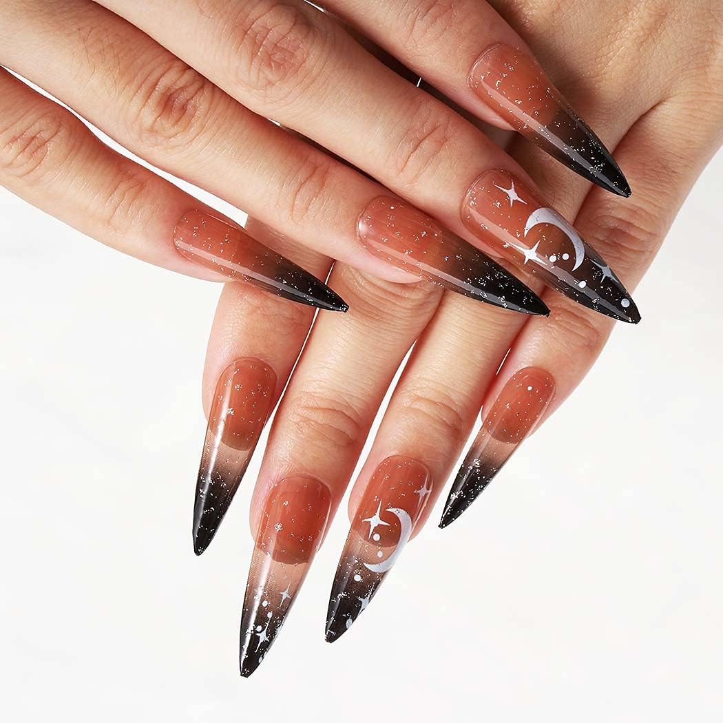 Stiletto Press on Nails Long Ombre Black Fake Nails Designed Acrylic Glossy False Full Cover Nails Halloween for Women and Girls, Size 12