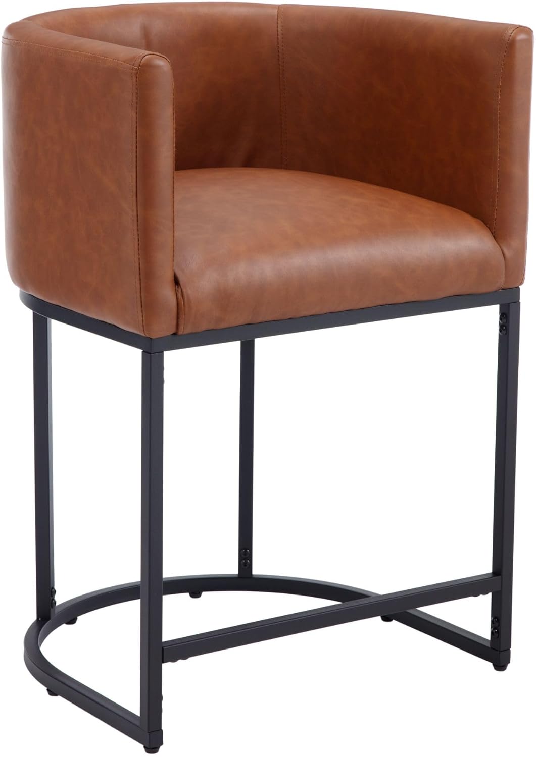 Wahson Faux Leather Upholstered Barrel Counter Height Barstools, 24" H Modern Fabric Bucket Bar Chair Stools for Kitchen Island, with Black Metal Tubular Frame, Brown
