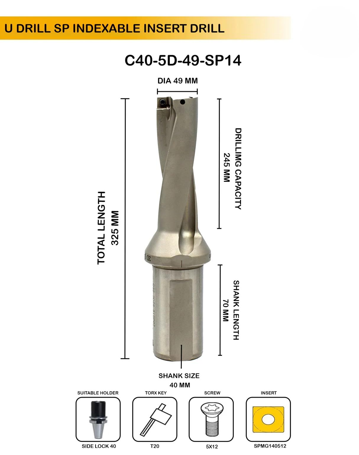 Buyohlic Indexable Insert U Drill 49 MM II Weldon Shank II Through Coolant II 10 pcs Carbide Inserts Free (Dia 49 mm~5D~40 mm Shank)