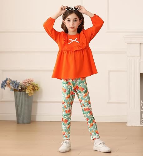 AMCLOS Girl Outfit Set Kids Clothes Ruffle Bowknot Tops Long Sleeve and Floral Long Pants 2 Piece Fall (4-5Y,Orange)