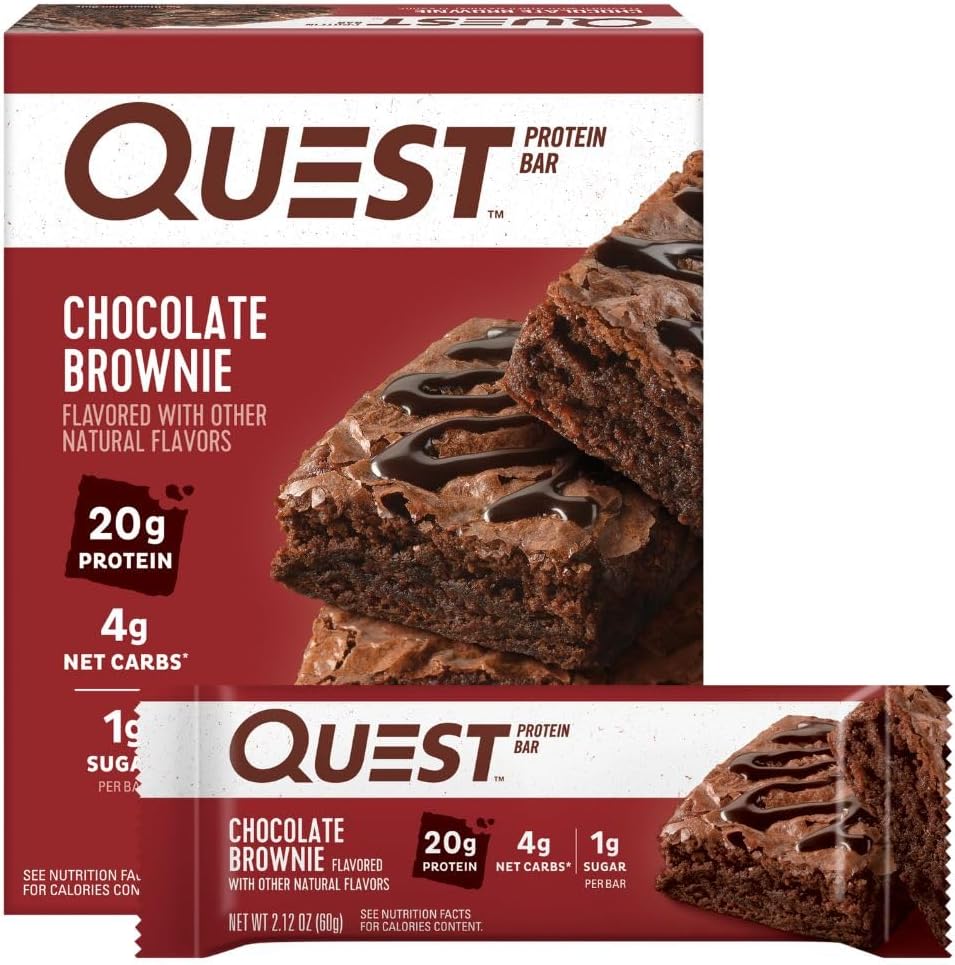 Quest Nutrition Chocolate Brownie Protein Bars, 20g Protein, 4g Net Carbs, 1g Sugar, Gluten Free, Keto Friendly, 4 Count