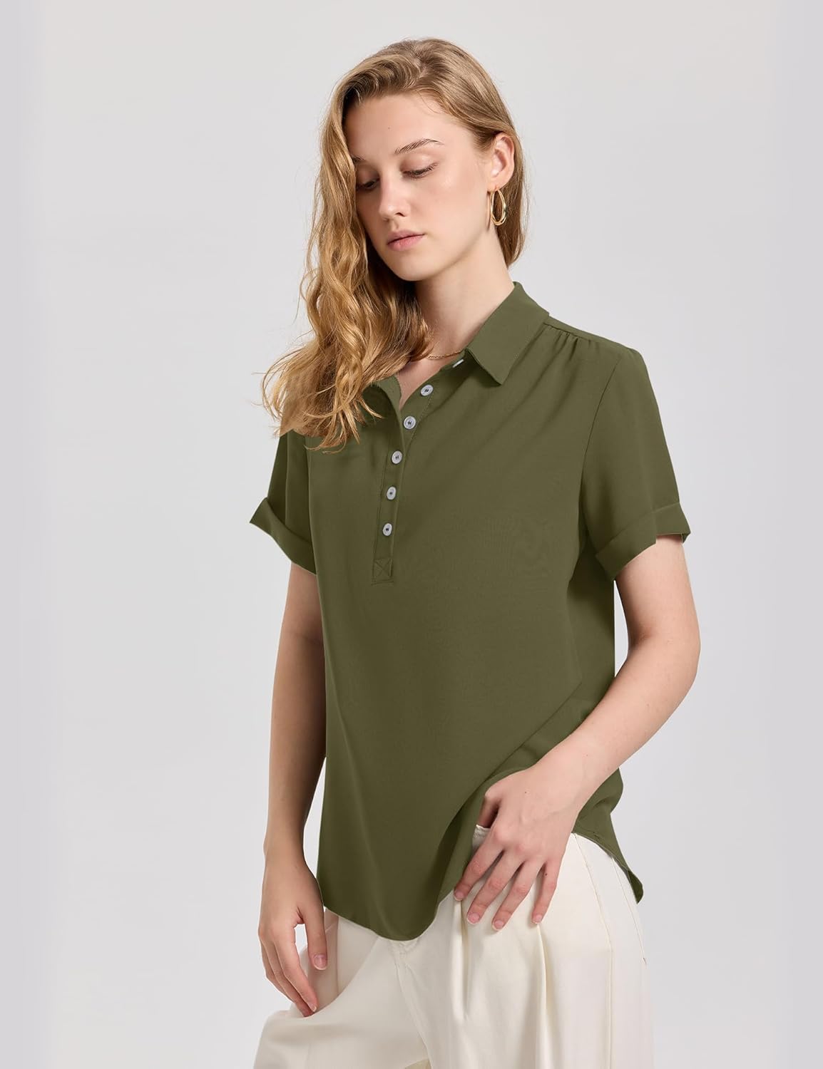 Rapbin Spring Tops for Women 2026 Women Blouses Short Sleeve V Neck Casual Collared Office Work Shirts Tops - Image 3