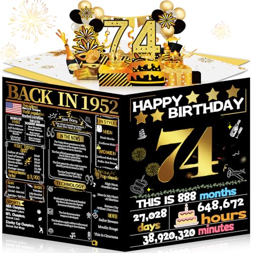 Joycard 74th Birthday Card for Women Men, 3D Pop Up Happy Birthday Gift for Grandpa Grandma, Funny 74 Year Old Birthday Decorations for Mother Dad, Back in 1952 Laser Gold Retro Theme