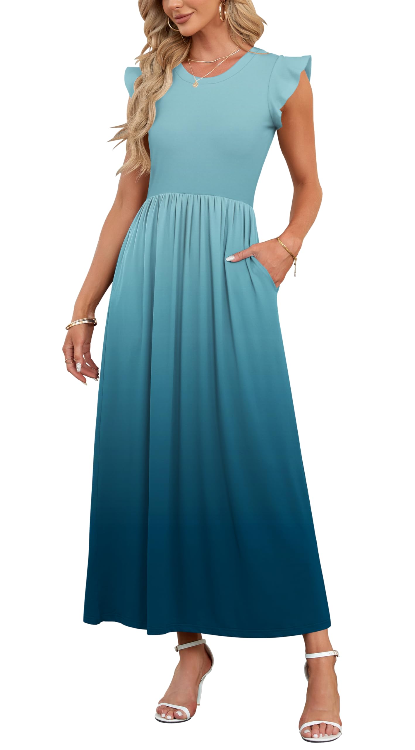 AUSELILY Damen Sommer Rundhalsausschnitt Maxi Kleid mit Taschen Kurzarm und Rüschen Lässiges Hohe Taille Langes Lockeres Bodenlanger Rock