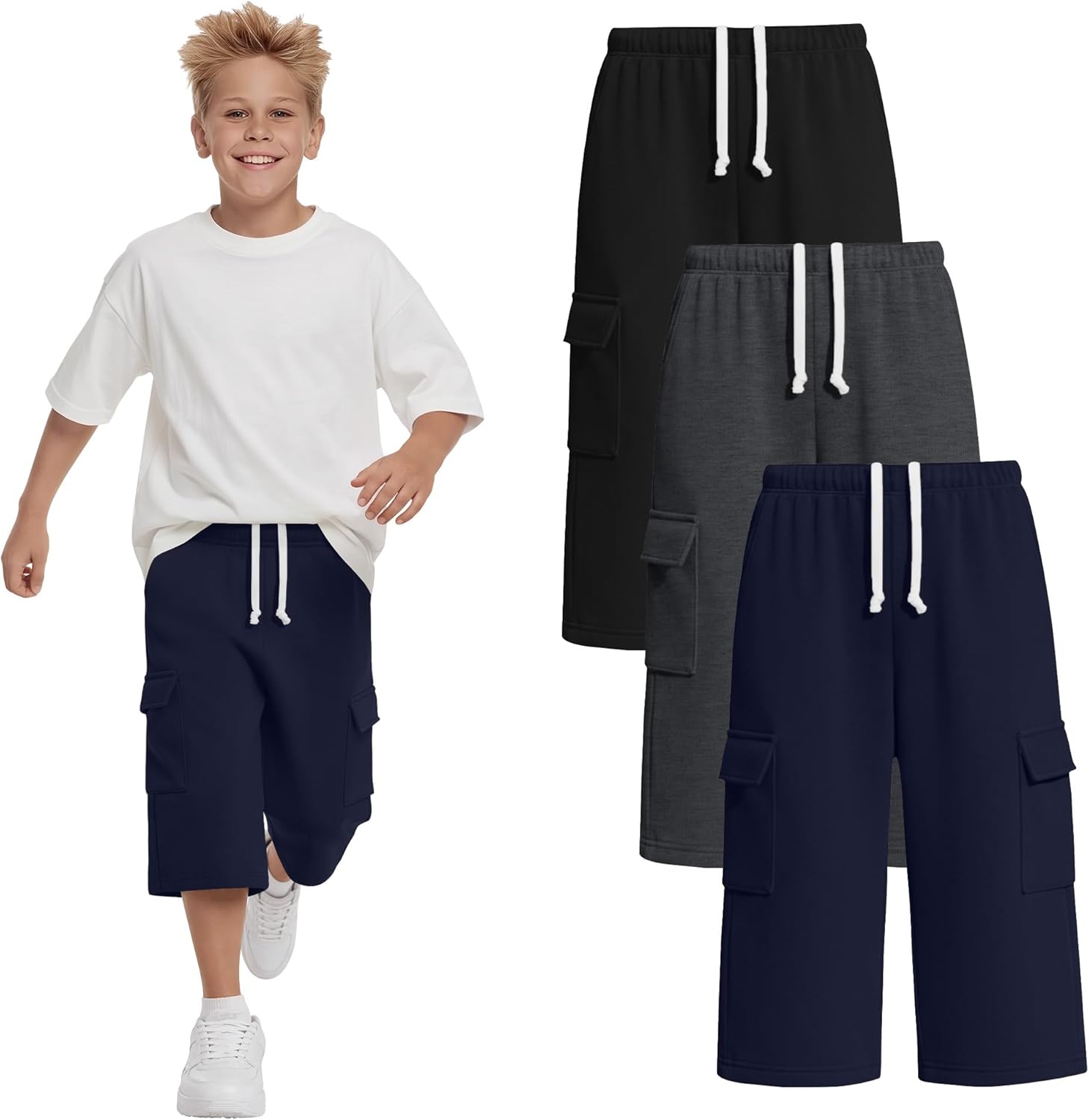 3 Pack Boys Cargo Capri Pants 6-16 Years with 4 Pockets Wide Leg Loose Elastic Waist Drawstring Shorts Sweatpants