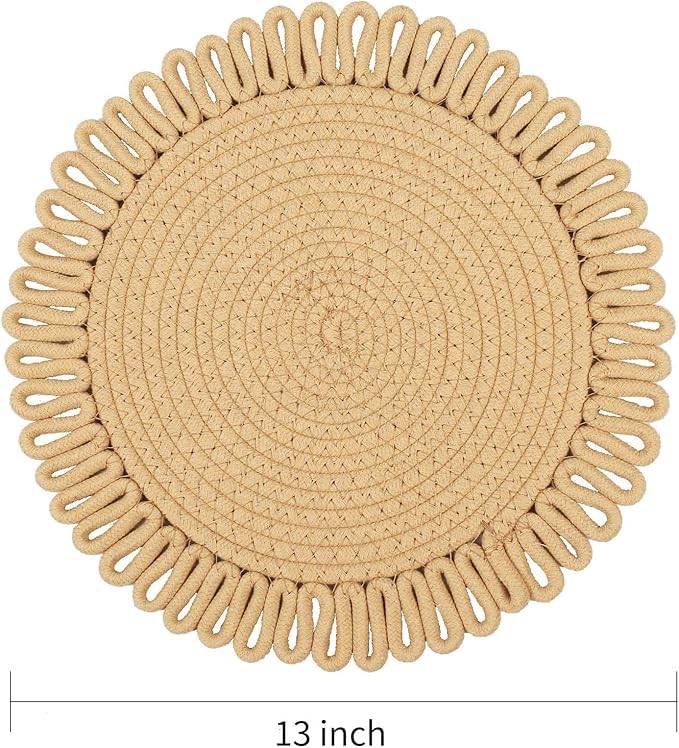 Image of Cotton Rope Placemat Set with Coasters and Holder 6 Pieces Round Woven Table | Mats Natural Beige Heat Resistant | Dining Table Decor | Durable Washable Kitchen Accessories (Beige with Border)