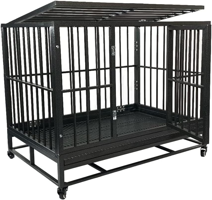 BUNNY BUSINESS UNDERDOG Super Heavy Duty Metal Dog Crate with Roof & Wheels. (Large 36", Black Hammered)