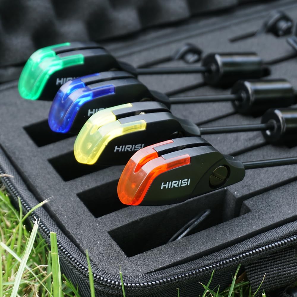 Hirisi Lot de 4 detecteur de Touche Peche Carpe Siège de Base Amovible pour indicateur de Morsure alarmes pêche Carpe lumière LED Rouge/Jaune/Bleu/Vert