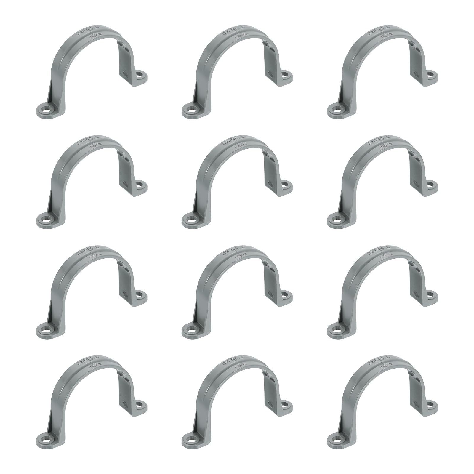 sourcing map 2 Inch PVC Pipe Straps, 12Pcs Plastic Conduit Clamps Double Hole U Shaped Strap Clamp with Anti-Slip Ribs for Pipe Tube Cable Fixing (Gray)