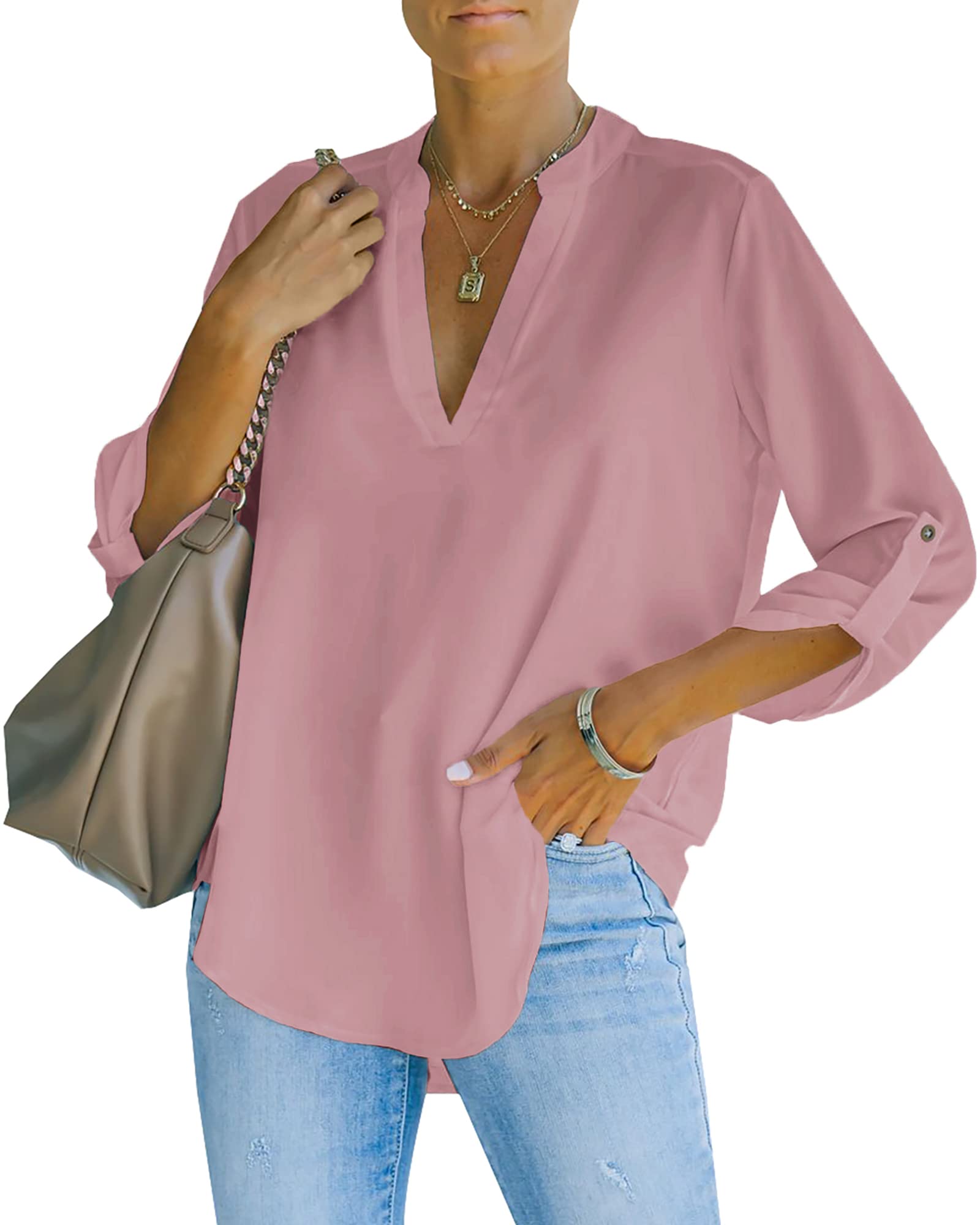 NONSAR Camicetta da donna Henley, elegante, con scollo a V, maniche arrotolabili, in stile casual