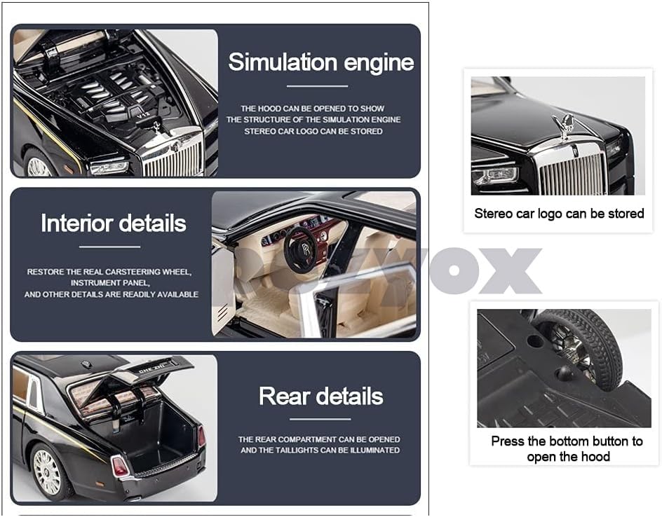 Image of 1 /24 Rolls-Royce Phantom Model Car,Zinc Alloy Pull Back Toy Diecast Toy Cars with Sound and Light for Kids Boy Girl Gift (Black)
